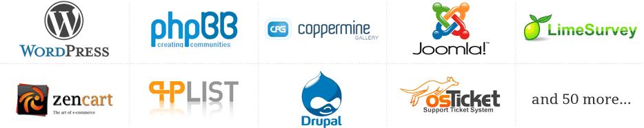 WordPress, PhpBB, Coppermine, Joomla, LimeSurvey, ZenCart, PhpList, Drupal, OSTicket